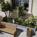 Wooden Outdoor Landscape Bench Surrounded By Green Plants In Planter Box And Tile Floor