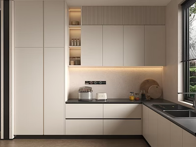Modern Kitchen Interior Design With White Cabinets Countertop Appliances And Lighting 3d model