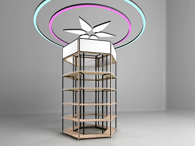 Modern Multitier Display Shelving Unit With Metal Frame Wooden Shelves And Colorful Circular Lighting 3d model