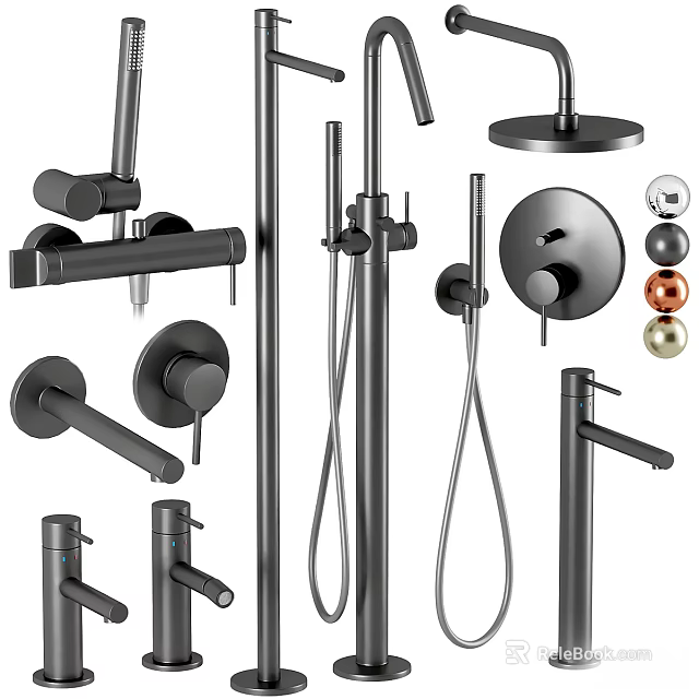 Sleek Modern Matte Black Bathroom Faucets With Handheld Showers And Control Knobs 3d model 