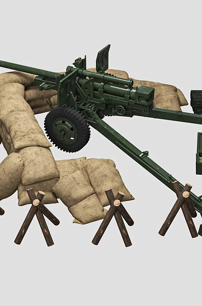 Military Field Artillery Gun With Sandbags Ammunition Boxes Tripods And Tactical Gear 3d model