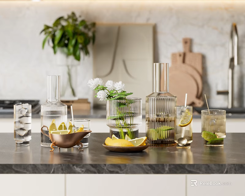 Refreshing Drink Arrangement With Lemon Lime And Glassware In Kitchen 3d model 