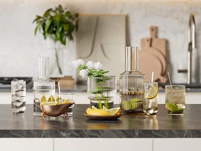 Refreshing Drink Arrangement With Lemon Lime And Glassware In Kitchen 3d model