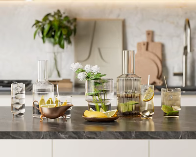 Refreshing Drink Arrangement With Lemon Lime And Glassware In Kitchen 3d model