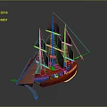Model Sailing Ship With Red Blue Yellow Hull Multiple Gray Sails And Detailed Design 3d model