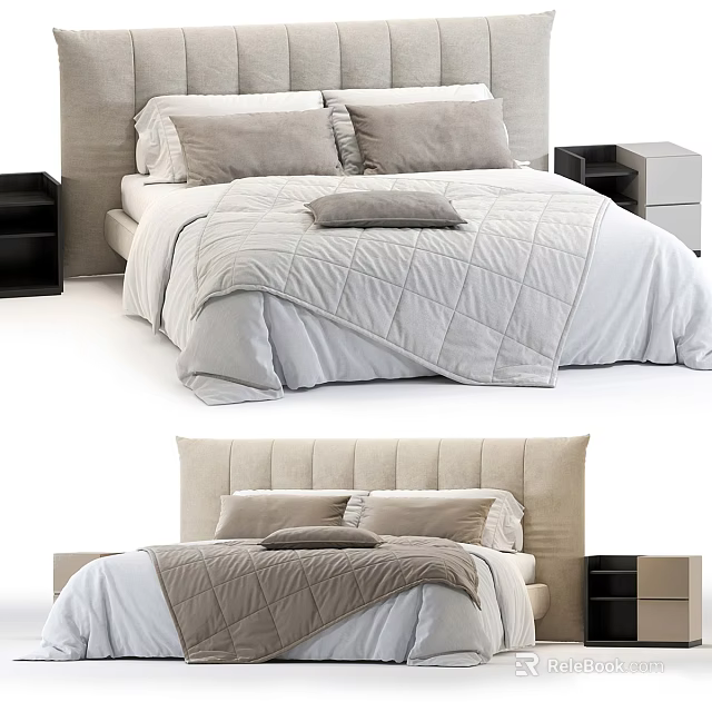 Modern Double Bed With Padded Headboard Soft Quilt And Wooden Nightstand 3d model 