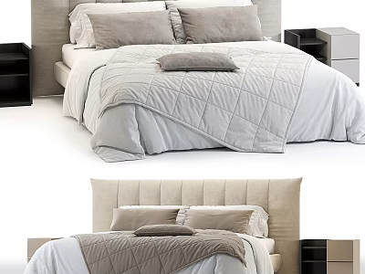 Modern Double Bed With Padded Headboard Soft Quilt And Wooden Nightstand 3d model