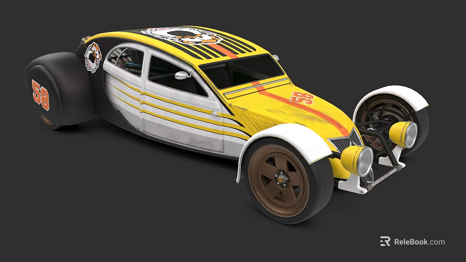 Custom Yellow And Silver Striped Car With Large Wheels And Unique Design 3d model 