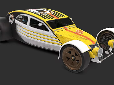 Custom Yellow And Silver Striped Car With Large Wheels And Unique Design 3d model