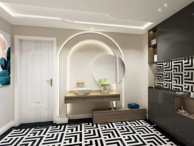 Modern Bathroom Interior With Round Mirror Sink Dark Cabinets And Geometric Floor 3d model