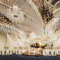 Luxurious Banquet Hall With Gold White Decor Elegant Chandeliers And Pampas Grass Aisle