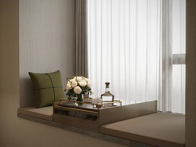 Cozy Bay Window Cabinet with Green Cushion White Flower Vase Tray and Light Curtains 3d model