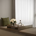 Cozy Bay Window Cabinet with Green Cushion White Flower Vase Tray and Light Curtains