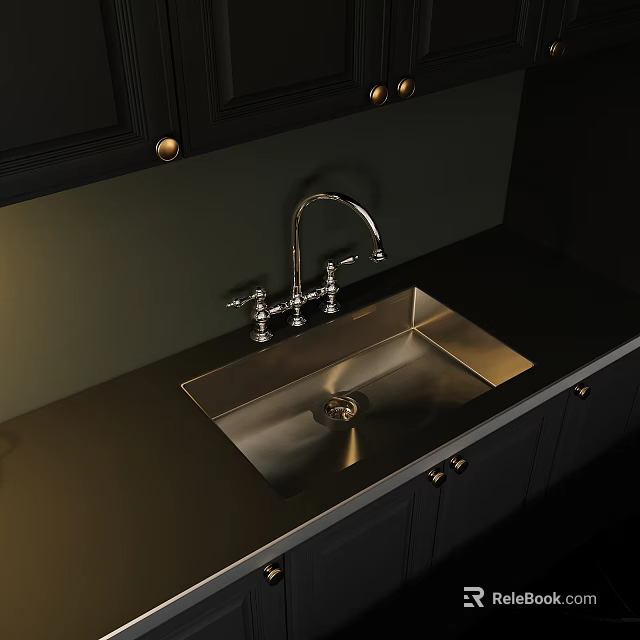 Modern Kitchen Faucet With Stainless Steel Sink Black Cabinets And Green Wall 3d model 