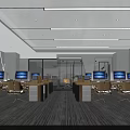 Modern Public Office Area With Open Layout Desks Computers Ergonomic Chairs And Bright Ceiling Lights 3d model
