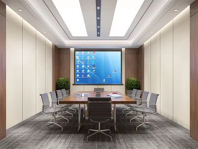 Modern Conference Room Interior With Long Table Chairs Large Screen And Plants 3d model