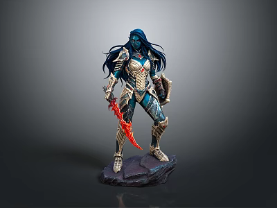 Warrior Woman Statue With Blue Hair Armor Red Sword And Rock Base 3d model