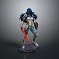 Warrior Woman Statue With Blue Hair Armor Red Sword And Rock Base