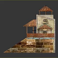 Cartoon Building Scene With Red Tiled Roofs Balconies Wooden Staircase And Stone Base