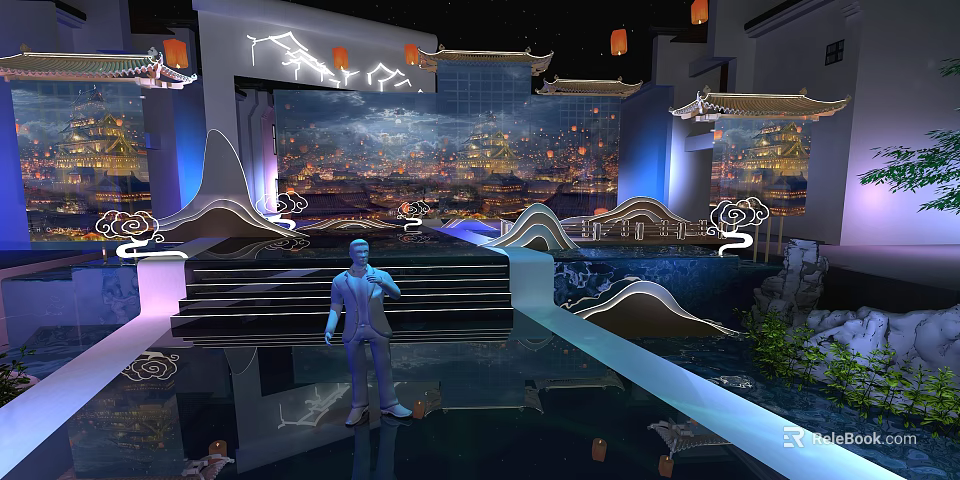 Traditional Chinese Themed Stage With Lanterns Curved Eaves Water Features And Night View Projection 3d model 