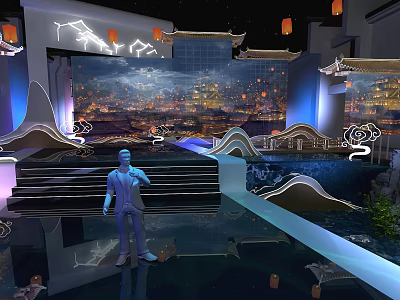 Traditional Chinese Themed Stage With Lanterns Curved Eaves Water Features And Night View Projection 3d model