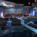 Traditional Chinese Themed Stage With Lanterns Curved Eaves Water Features And Night View Projection