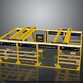 Yellow Exhibition Booth Interior With Shelves Brand Logo And Green Plants Display Space