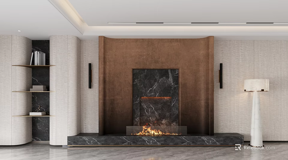 Elegant Modern TV Background Wall Design With Marble Fireplace And Decorative Sconces 3d model