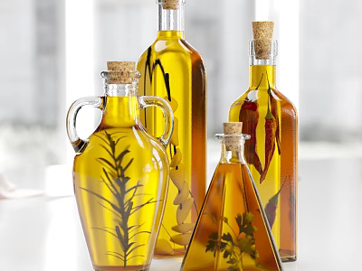Glass Spice Bottles With Cork Stoppers And Fresh Herbs On White Kitchen Countertop 3d model