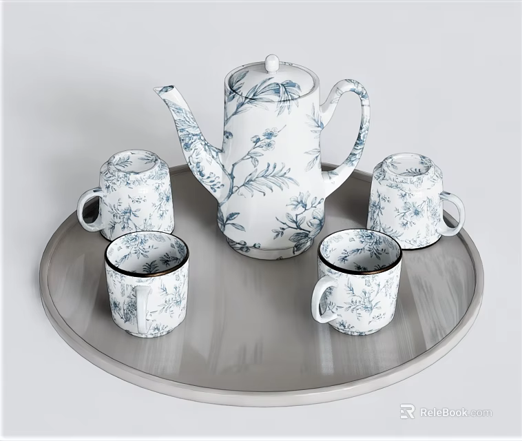 Elegant Blue And White Floral Porcelain Tea Set With Teapot Four Cups On Tray 3d model 