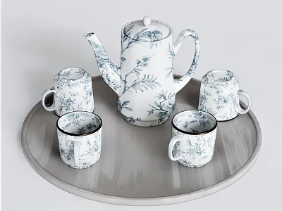 Elegant Blue And White Floral Porcelain Tea Set With Teapot Four Cups On Tray 3d model