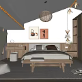 Traditional Chinese Bedroom Interior With Woven Pendant Light Wooden Wardrobe And Calligraphy Art