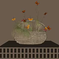 Wicker Basket With Green Grass And Colorful Butterflies On Beige Wall Shelf