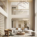 Elegant Duplex Living Room Interior With High Ceiling Circular Chandelier Sofa And Decorative Partition