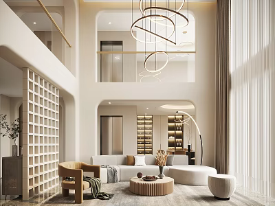Elegant Duplex Living Room Interior With High Ceiling Circular Chandelier Sofa And Decorative Partition 3d model