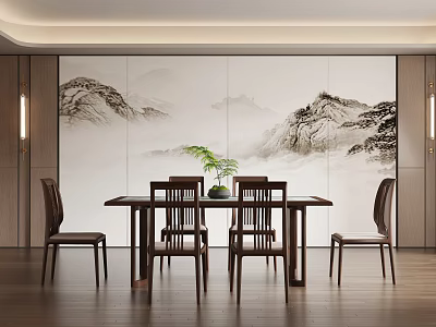 Traditional Chinese Restaurant Interior With Mountain Landscape Mural Wooden Dining Table Chairs And Green Plant 3d model