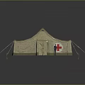 Durable Medical Furniture Setup In Red Cross Tent With Standing Person Nearby