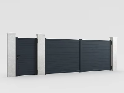 Modern Dark Entrance Gate With White Stone Pillars Slatted Panel Design And Sleek Structure 3d model