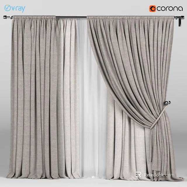 Neutral Linen Curtains With Sheer Inner Layer And Tie Back Design 3d model 