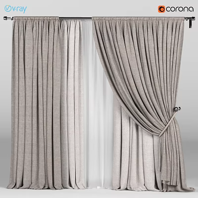 Neutral Linen Curtains With Sheer Inner Layer And Tie Back Design 3d model