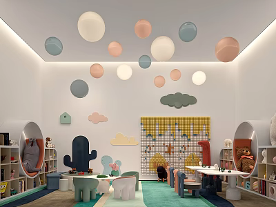 Vibrant Kids' Playroom With Colorful Spherical Pendant Lights Cloud Decorations And Animal Patterned Wall 3d model