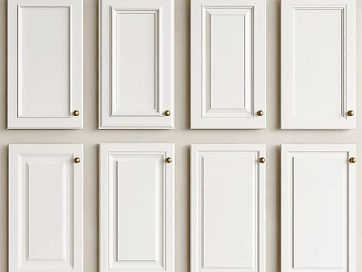 White Cabinet Doors Arranged In Rows With Gold Knobs For Kitchen Design 3d model