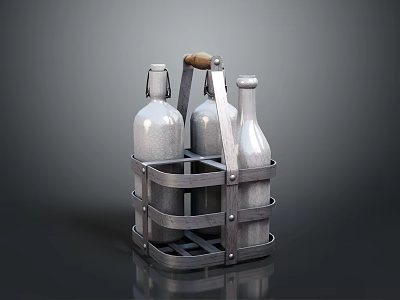 Metal Wine Rack With Wooden Handle Holding Three Silver Bottles For Home Use 3d model