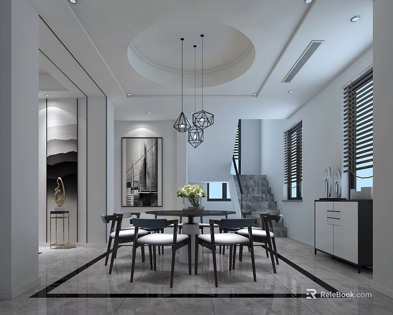 Modern Dining Room With Circular Ceiling Geometric Chandeliers Dining Table Chairs Staircase And Window Blinds 3d model 