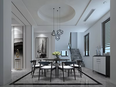 Modern Dining Room With Circular Ceiling Geometric Chandeliers Dining Table Chairs Staircase And Window Blinds 3d model