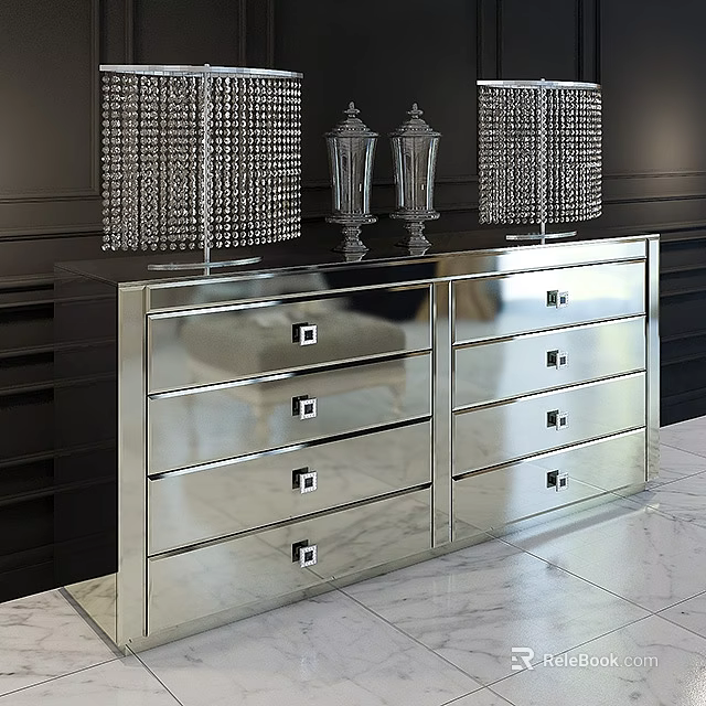 Modern Silver Mirrored Dresser With Drawers And Decorative Ornaments Against Black Wall 3d model 