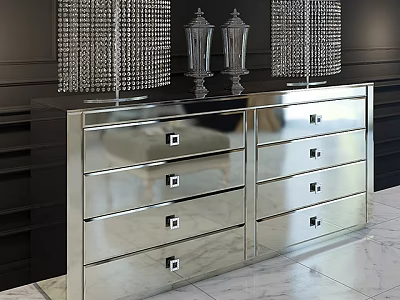 Modern Silver Mirrored Dresser With Drawers And Decorative Ornaments Against Black Wall 3d model