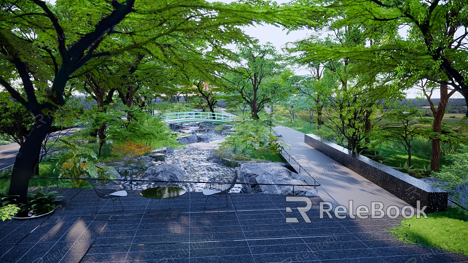 Modern garden landscape, house garden, stream, small bridge, flowing water model