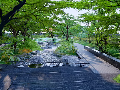 Serene Residential Landscape Design With Lush Trees Stone Pathway And Natural Greenery 3d model