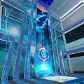 Futuristic Exhibition Hall With Blue Lighting Transparent Structures And Circular Core 3d model